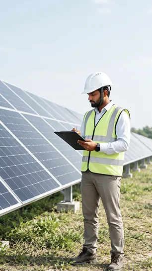 Two solar engineers assembling solar panel structures on-site for installation.