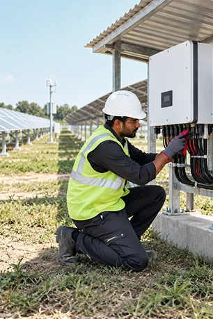 Technician inspecting and working on a large solar panel under bright sunlight.